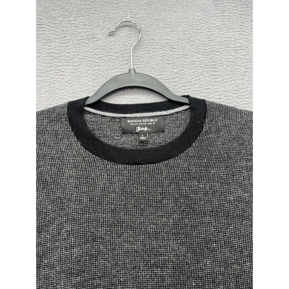 Banana Republic Sweater Mens Large Italian Merino Wool Crewneck Grey Black Knit